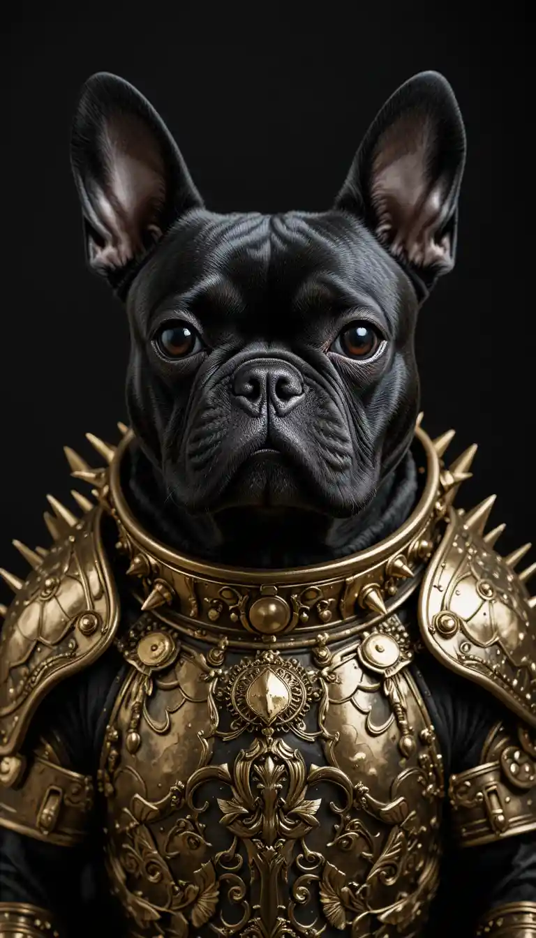 Armored black french bulldog in ornate golden metal armor