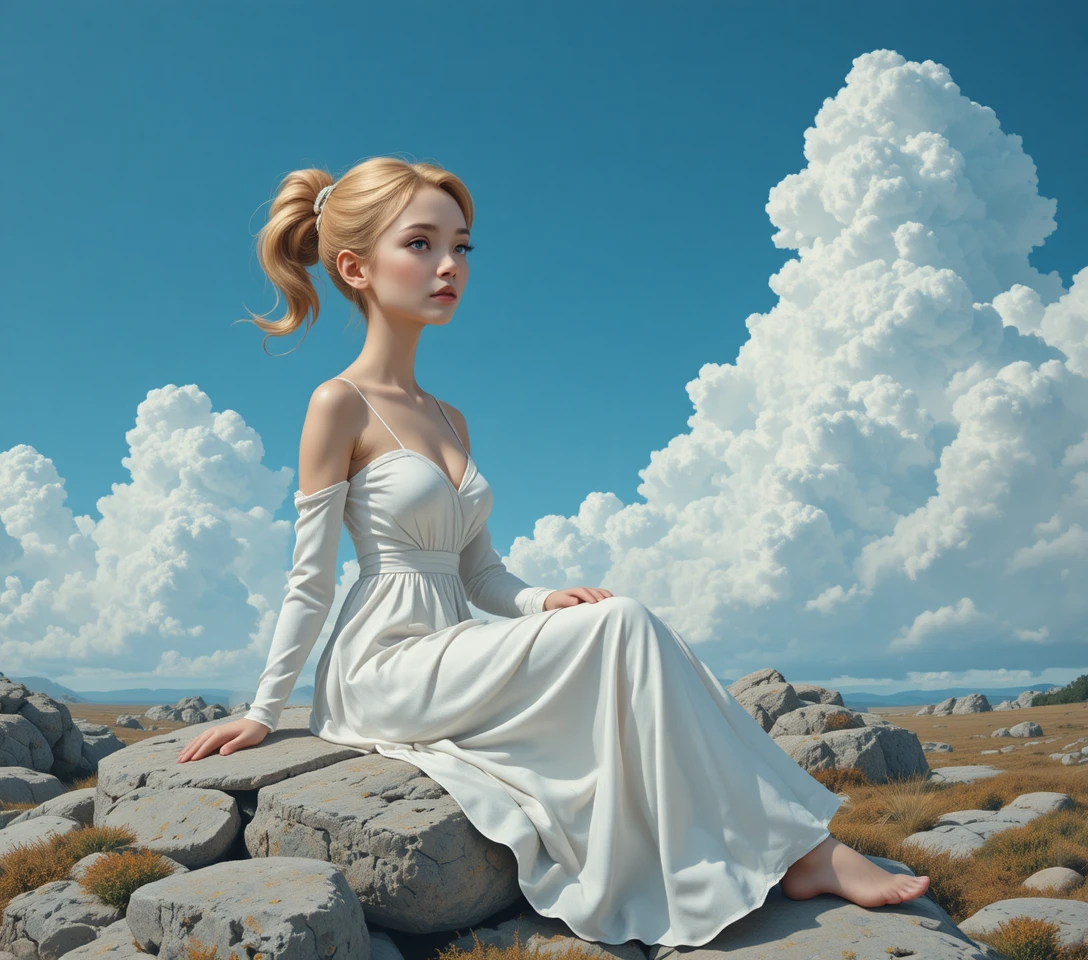 Young blonde woman in white dress sitting on rocky cliffs