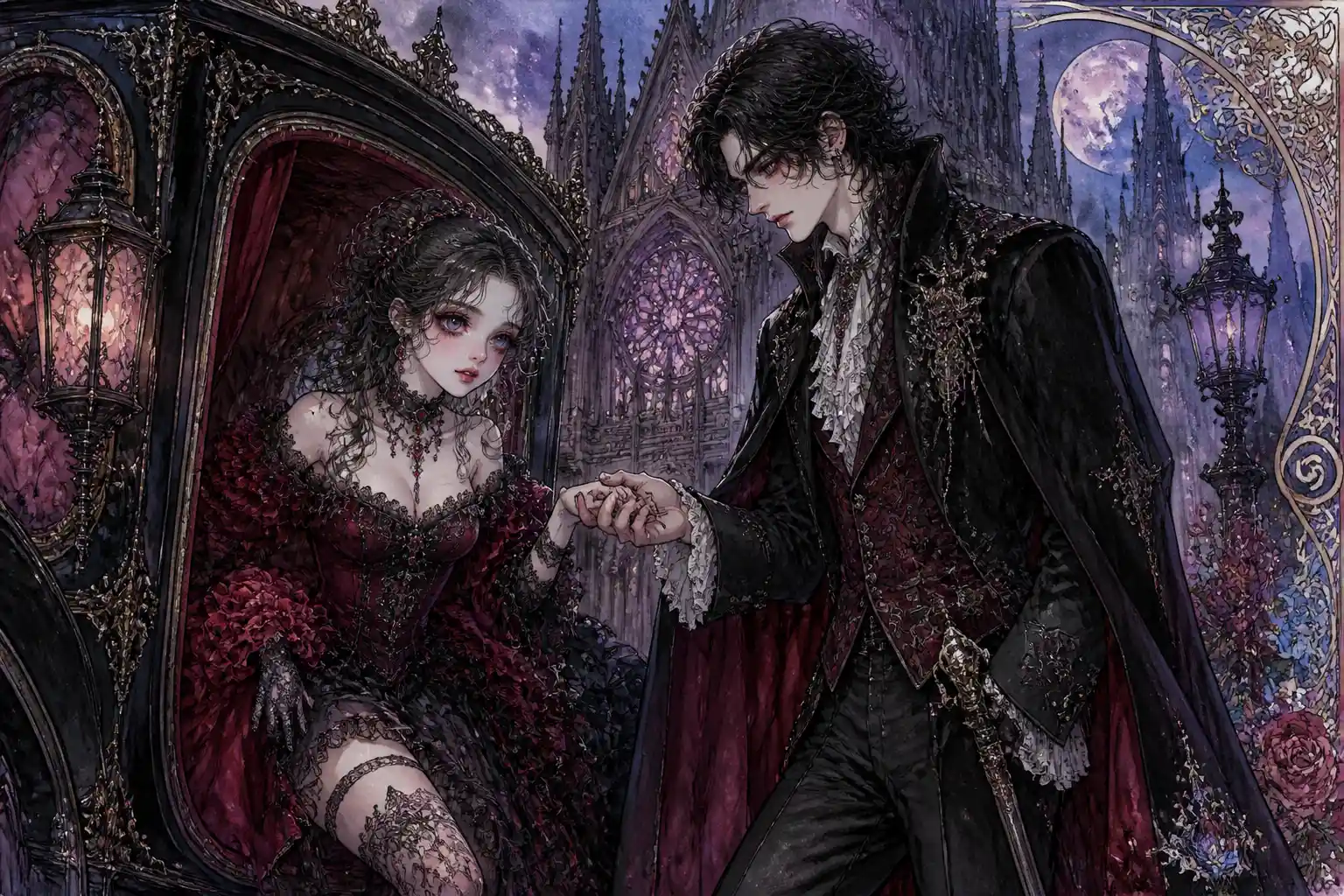 Romantic couple by a gothic cathedral in watercolor fantasy