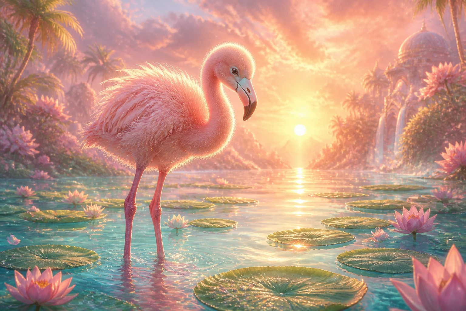 Cría de flamenco de pie en una laguna tropical al amanecer