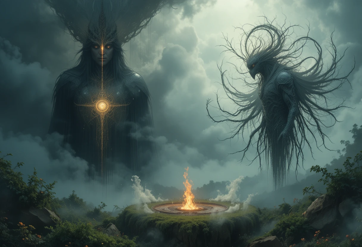 Trance like shamanic figure emerging in glowing surreal mist