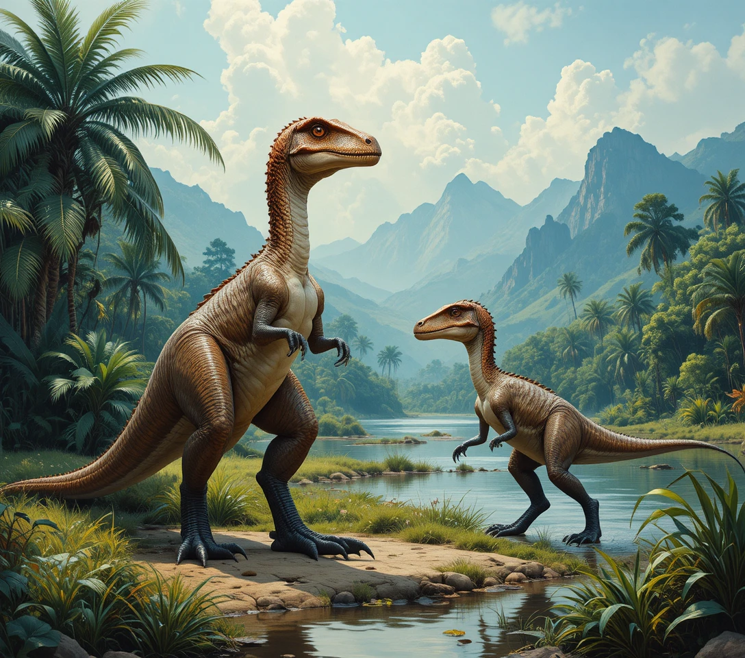 Two velociraptors overlooking a misty prehistoric swamp