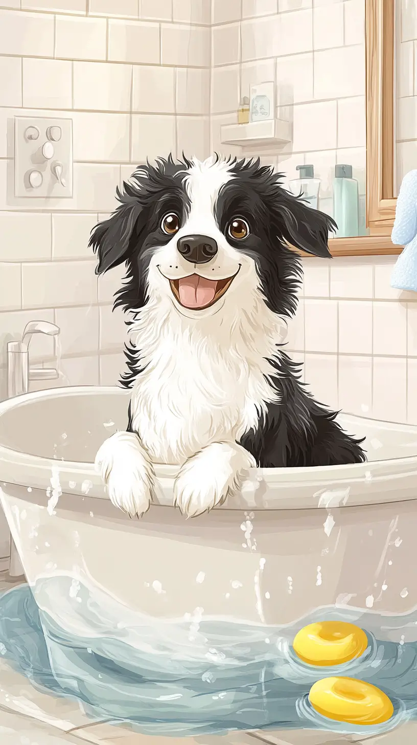 Cute border collie in a bubbly cartoon bathroom scene
