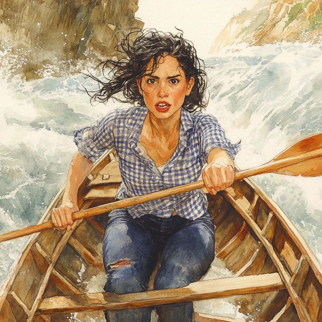 Mulher remando um barco de madeira em um rio de montanha veloz