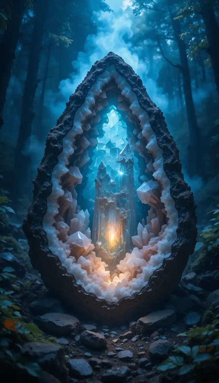 Glowing Crystal Geode In A Dark Mystical Forest