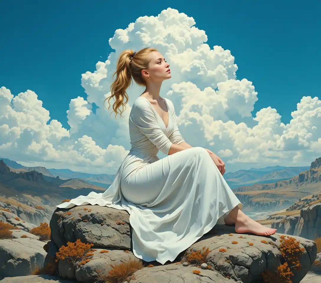 Young woman in white dress sitting on rocky cliffs