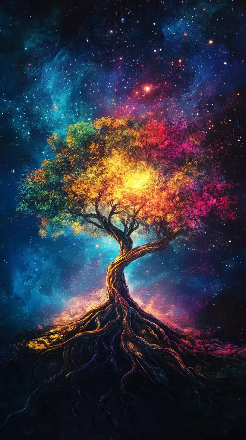 Glowing cosmic tree reaching into a starry night sky
