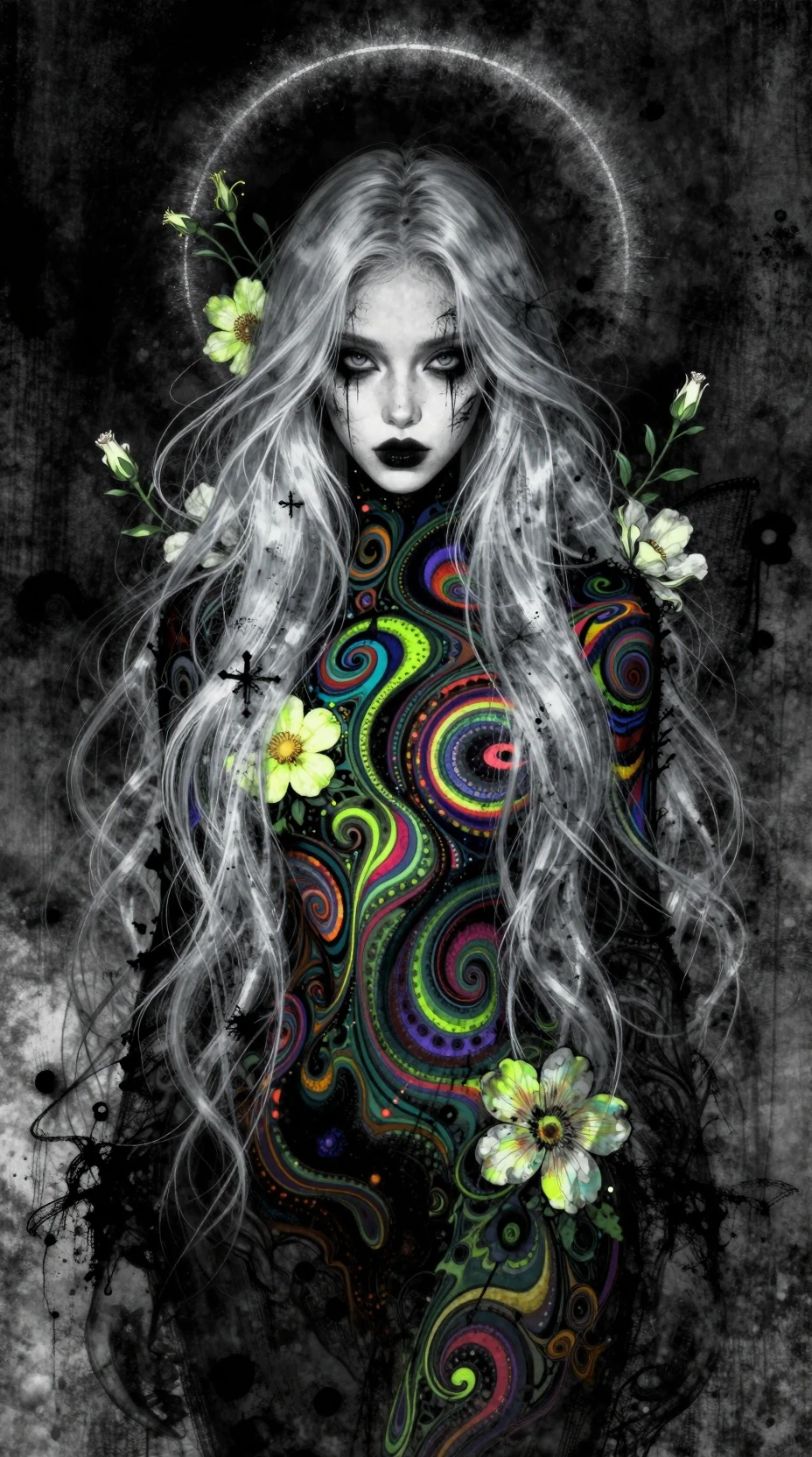 Mystical silver haired woman amid neon floral psychedelia