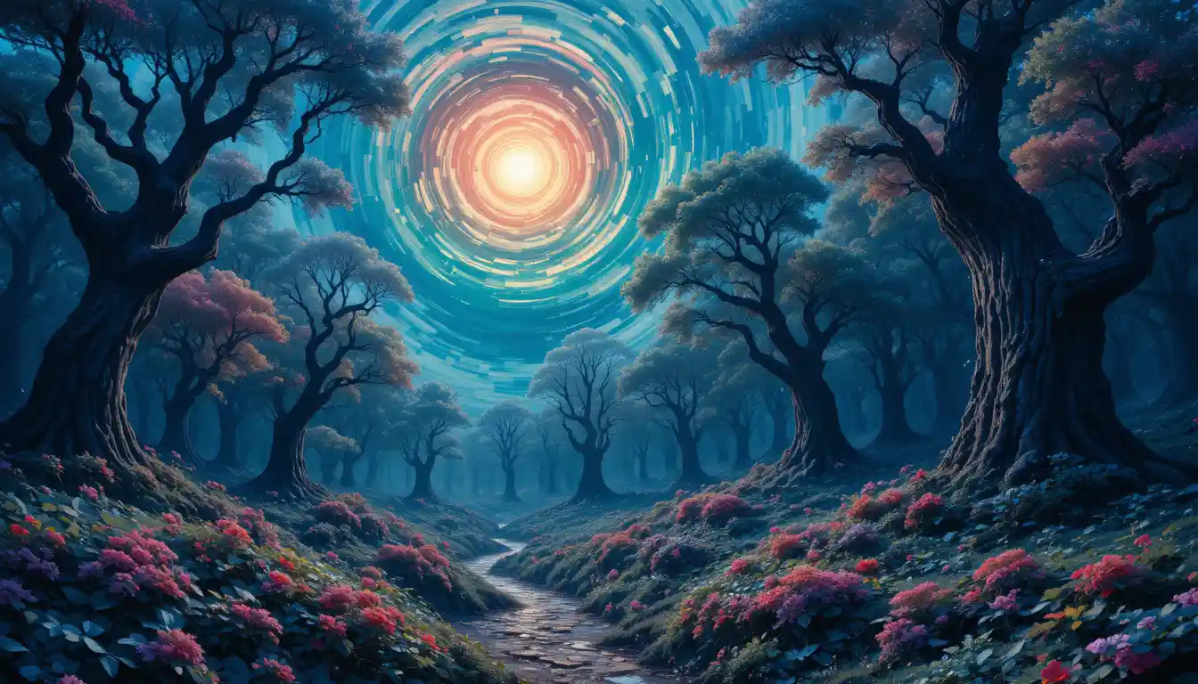 Surreal enchanted forest rising toward a swirling color vortex