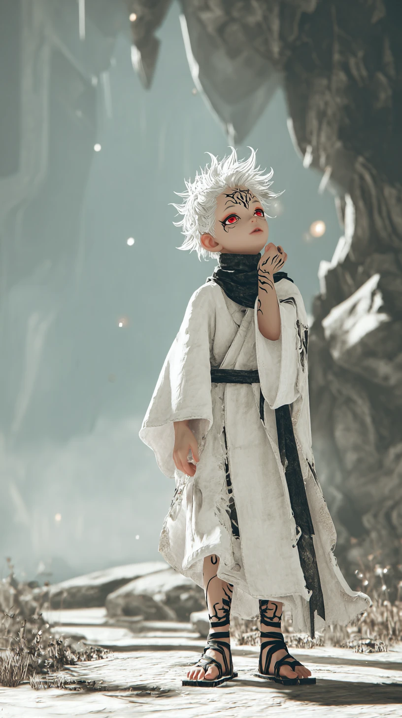 神秘的な岩場に立つ白髪のアニメ少年