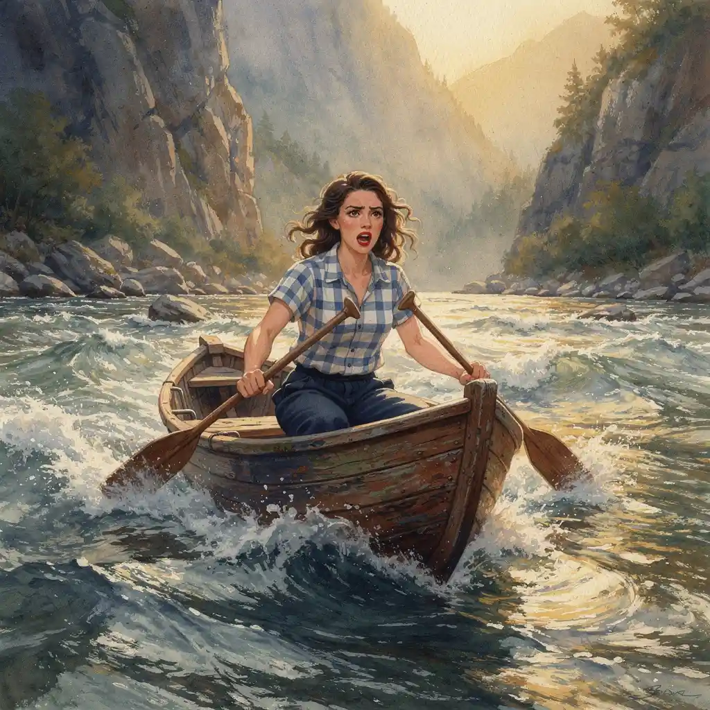 Woman paddling a wooden boat on a turbulent mountain river