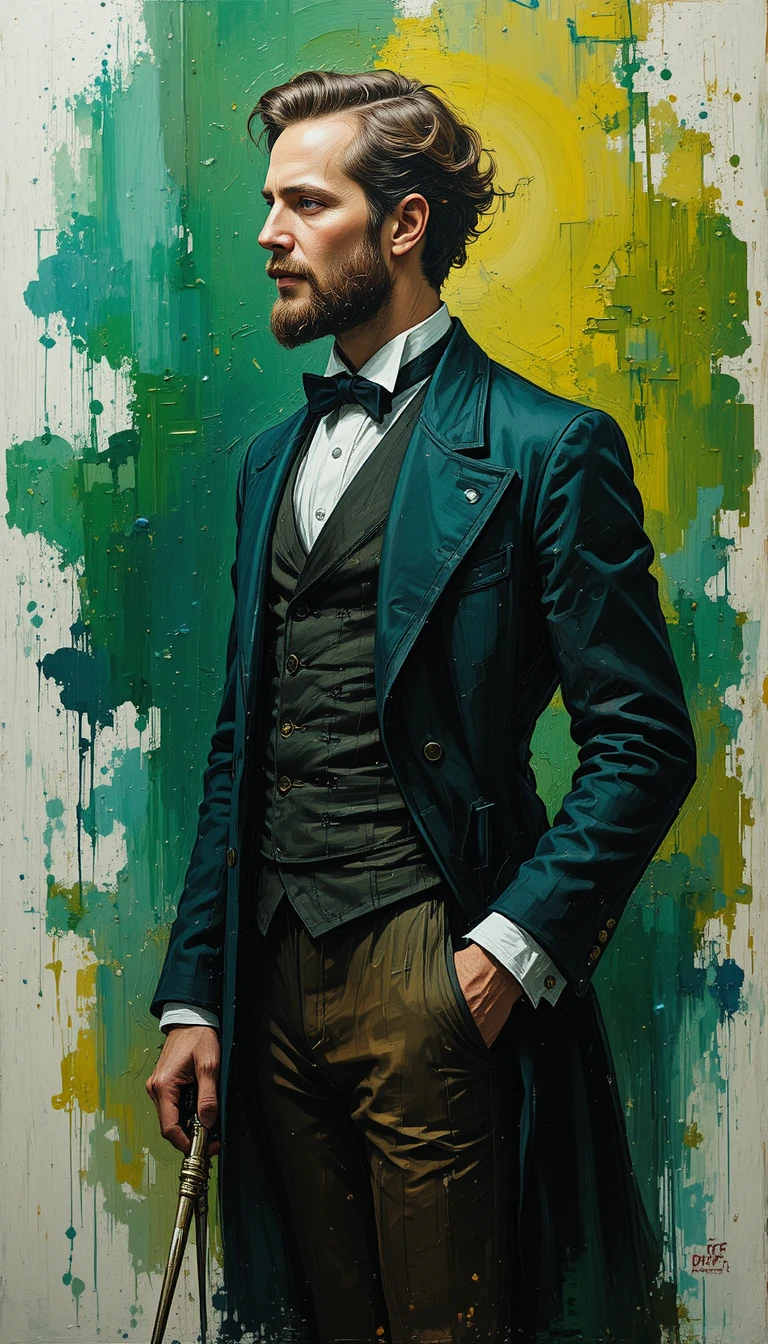 Abstract impasto portrait of a joyful man in 1800s clothing