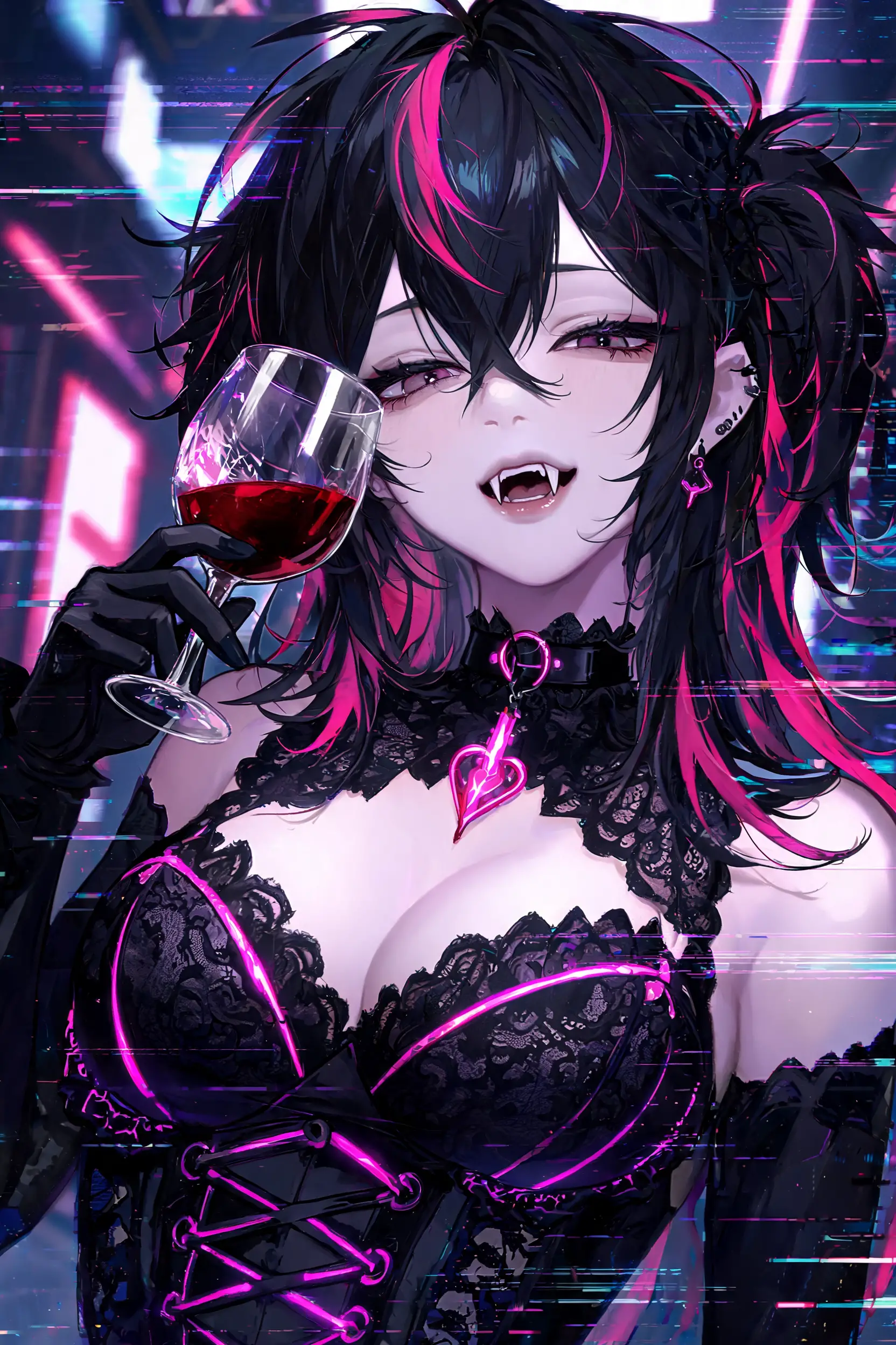 Neon punk vampire woman with gothic corset styling