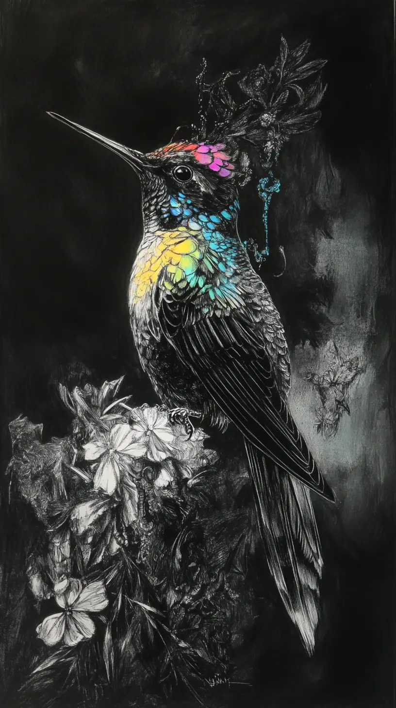 Surreal Charcoal Hummingbird With Glowing Iridescent Feathers