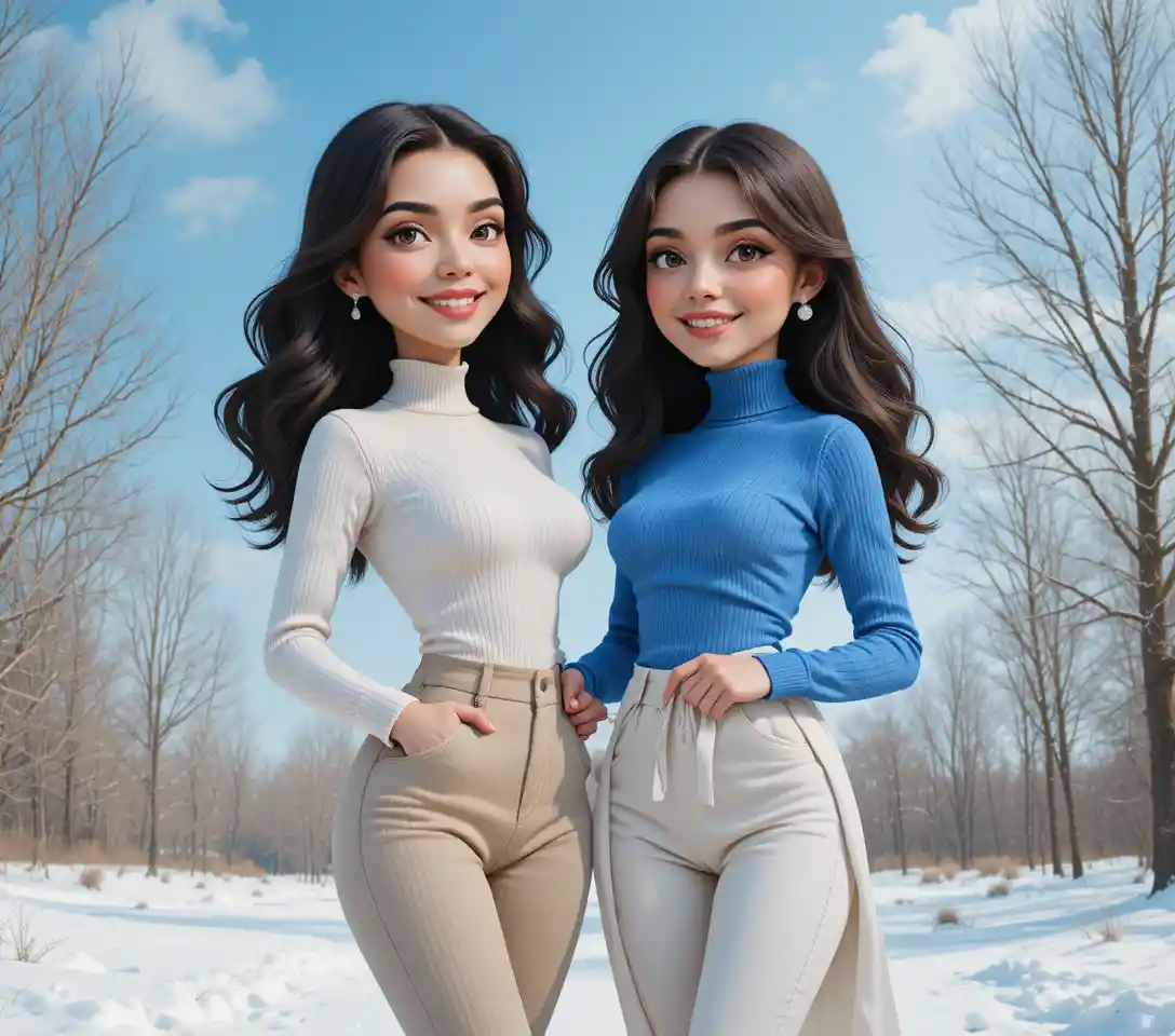 Two young women sharing intimacy in a snowy winter landscape