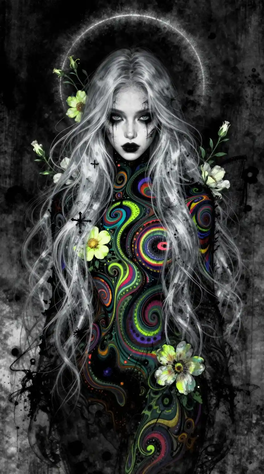 Mystical silver haired woman amid neon floral psychedelia