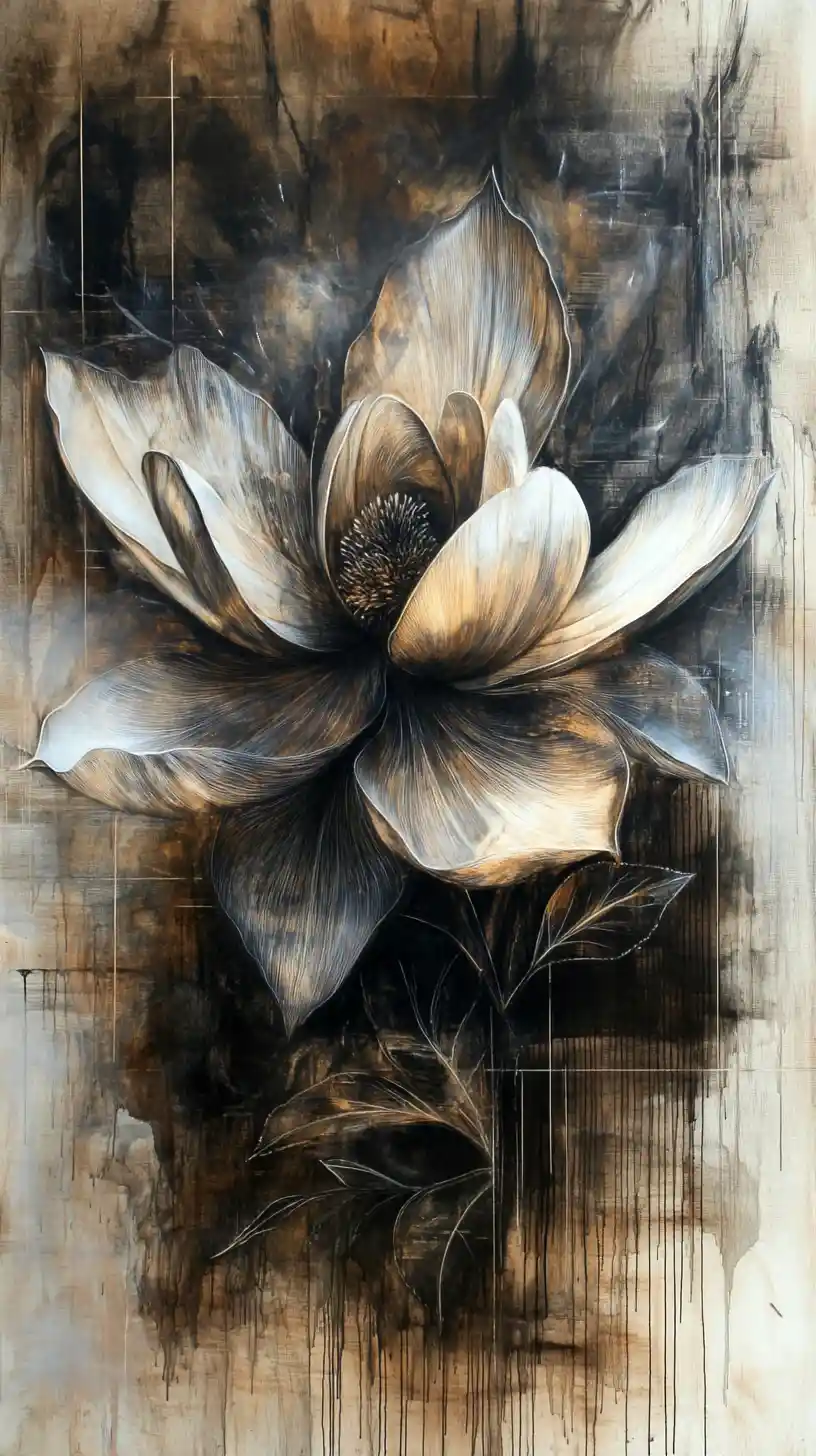Abstract magnolia flower in mixed media painting