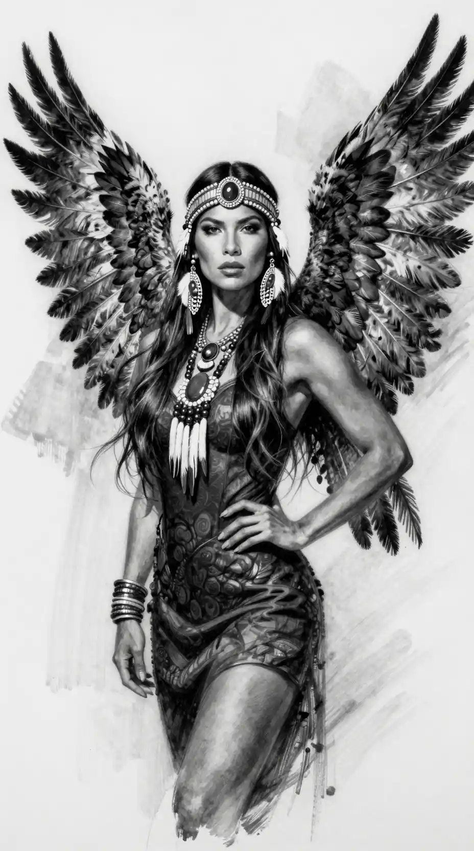 Charcoal portrait of a Native American woman with feathered wings
