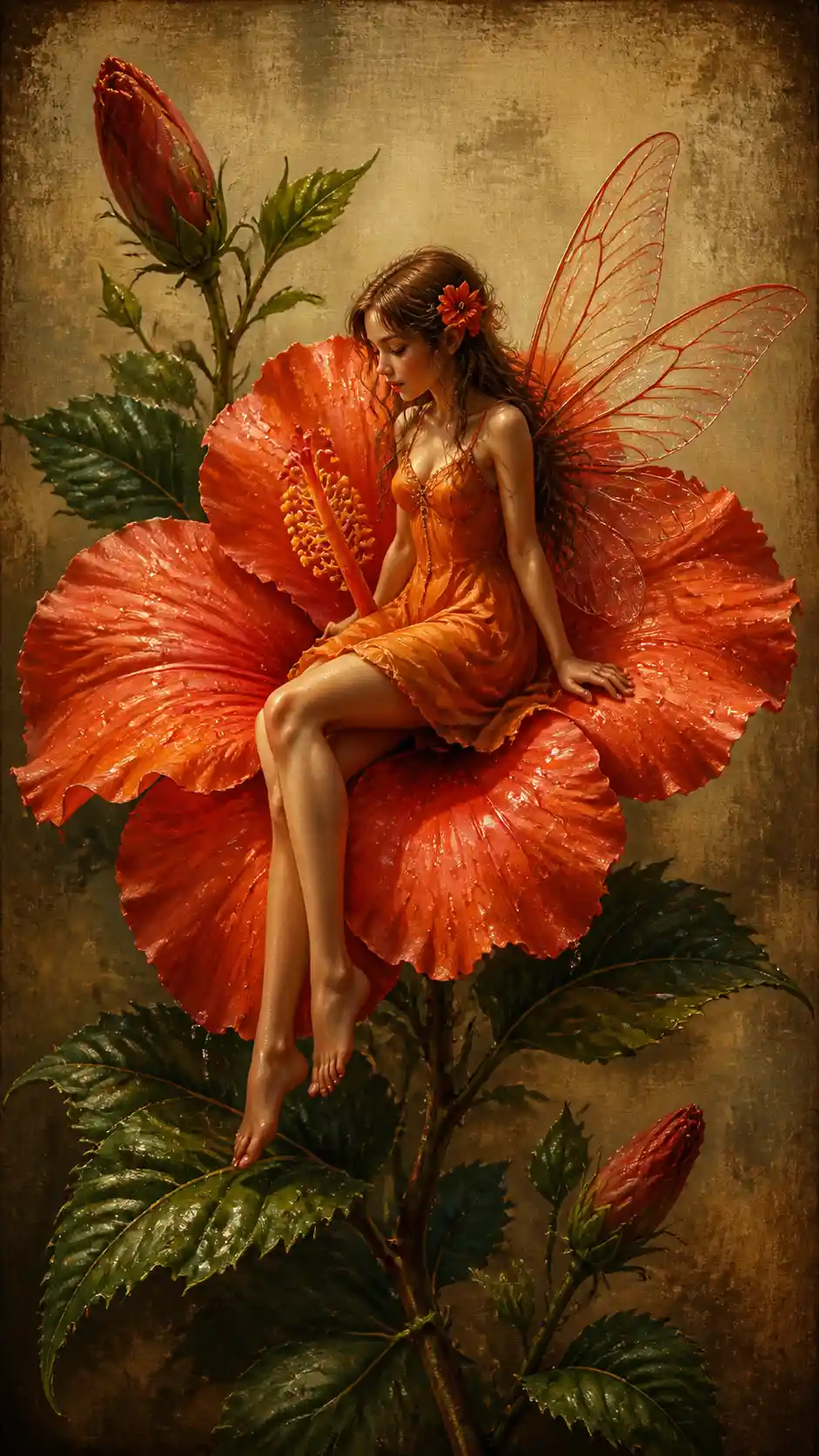 Tiny fairy resting on a vibrant red orange hibiscus flower