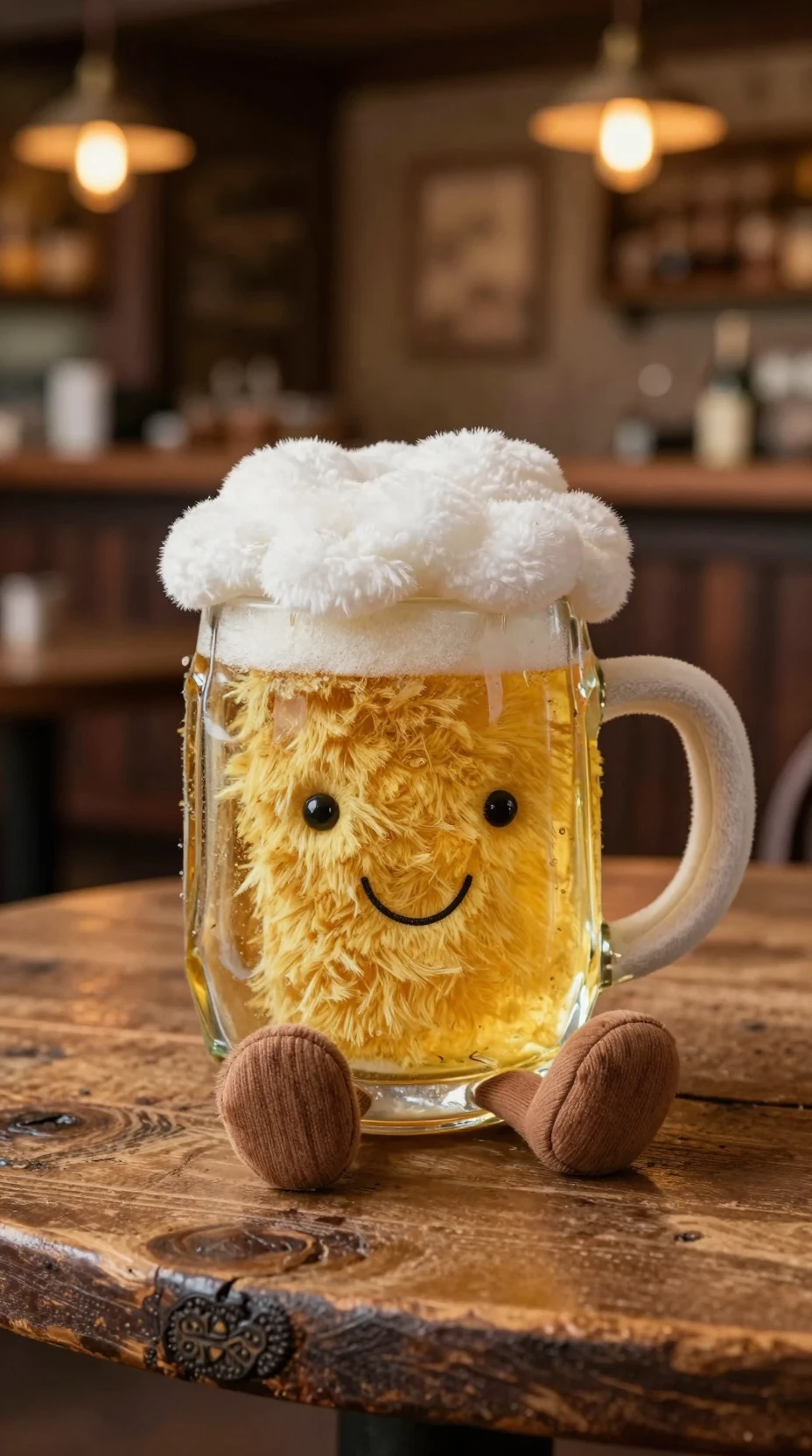 Cheerful beer plush toy in a cozy pub scene