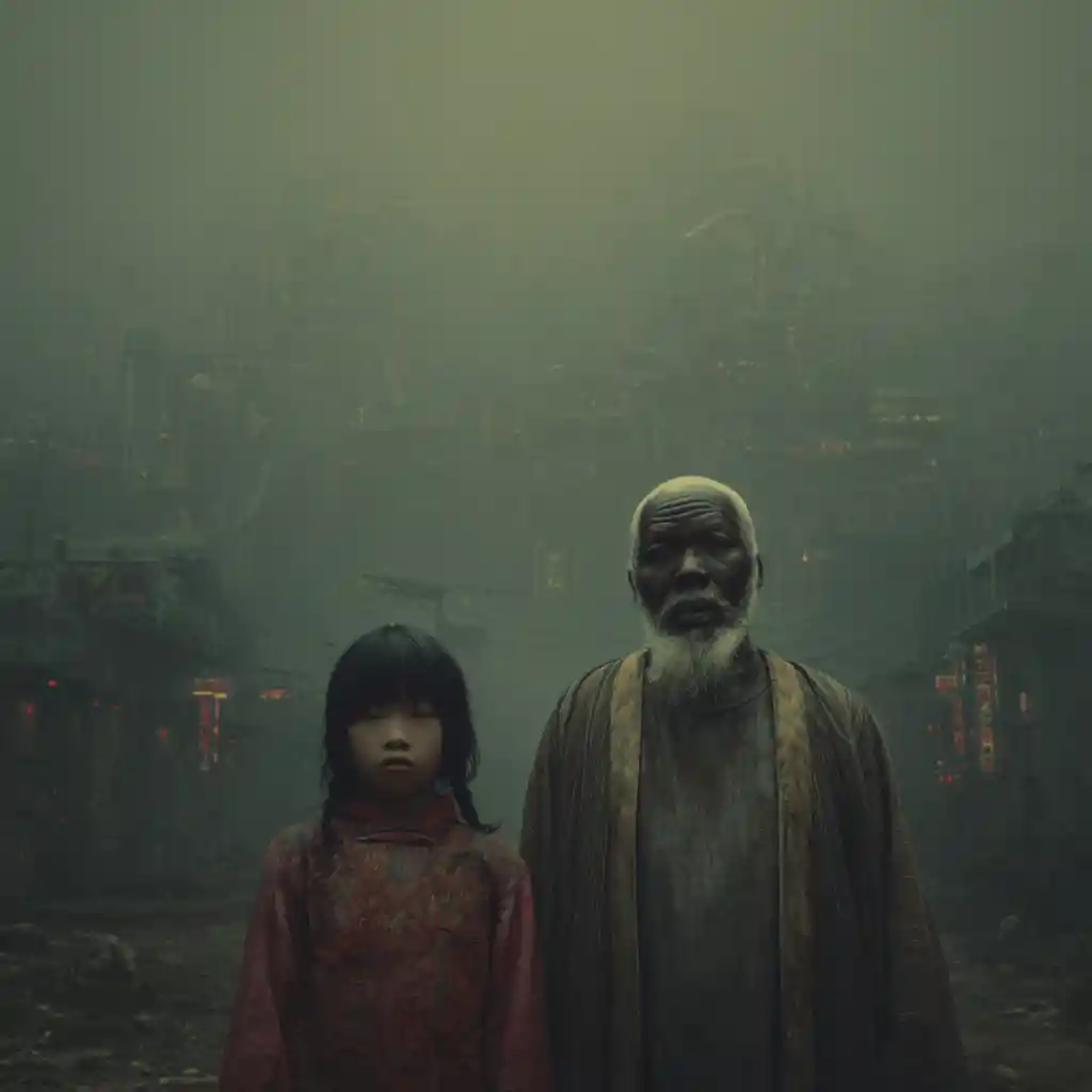 Asiatisches Mädchen mit Großvater in futuristischem Geisterschutzraum