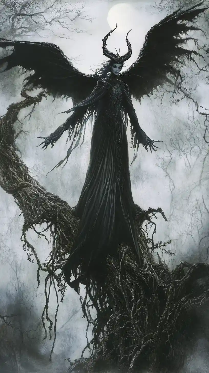 Dark winged sorceress atop ancient tree in moonlit forest