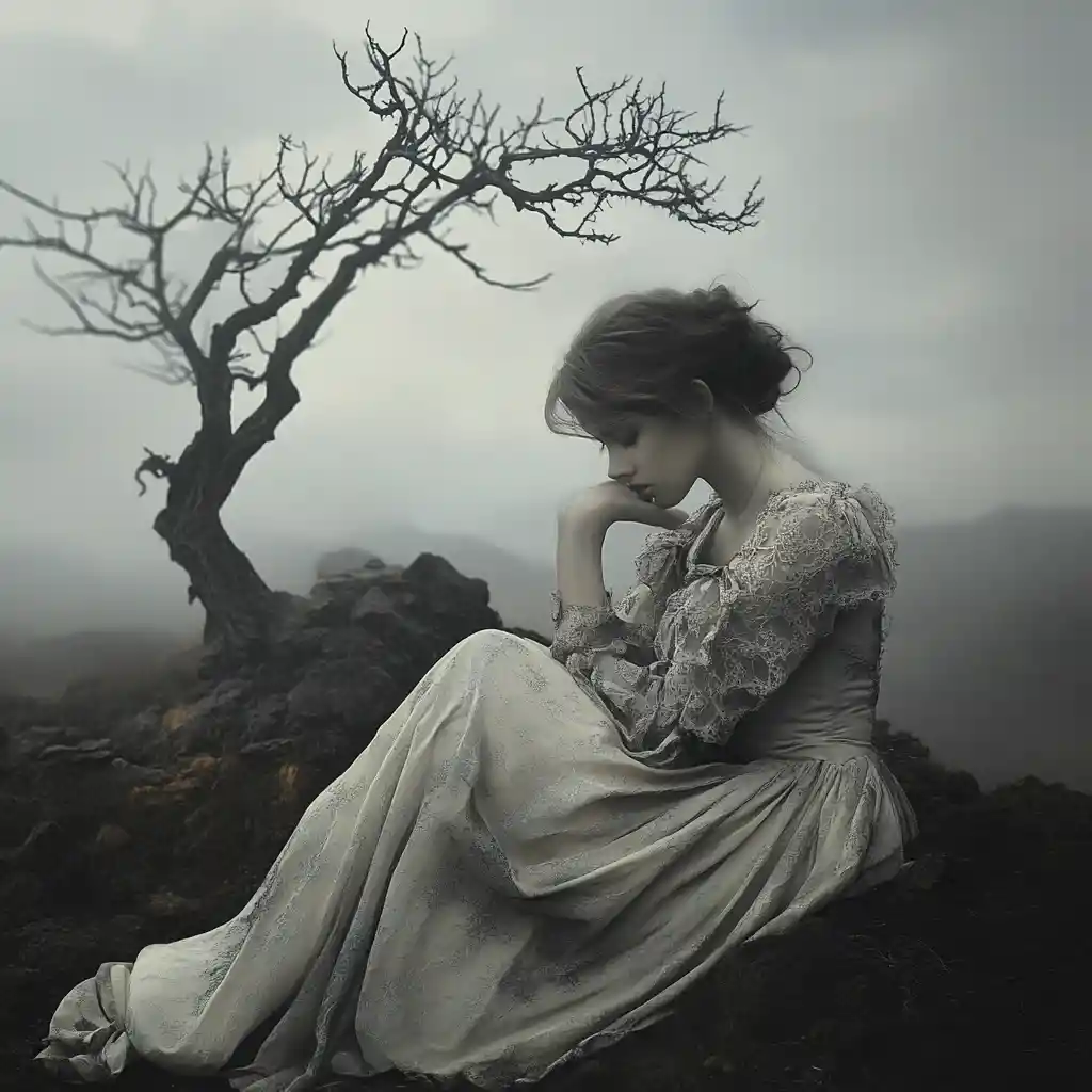 Melancholic woman in a barren foggy landscape with lone tree
