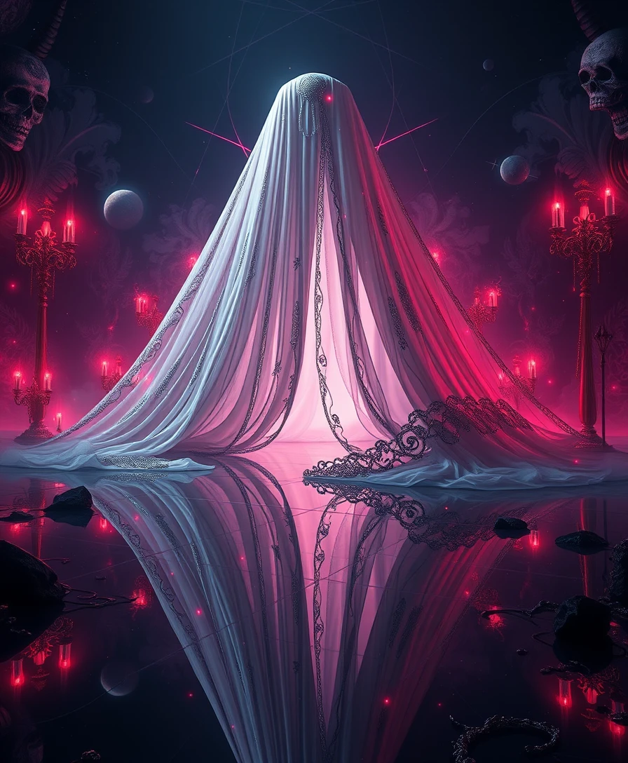 Surreal veil of enigmatic elegance in dark fantasy scene