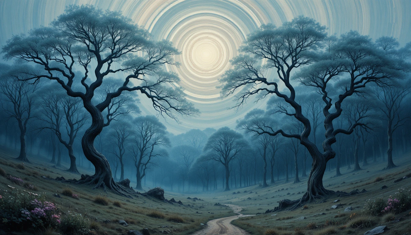 Dreamlike mystical forest with indigo trees and swirling sky