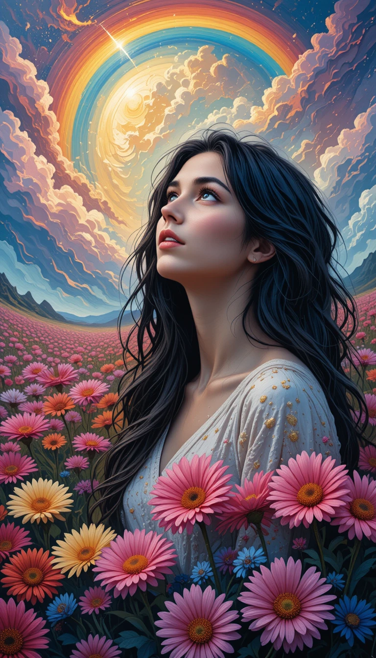 Young woman gazing upward in a colorful flower field