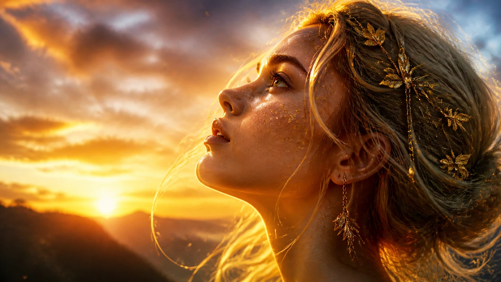 Surreal sunset portrait of a young woman in profile