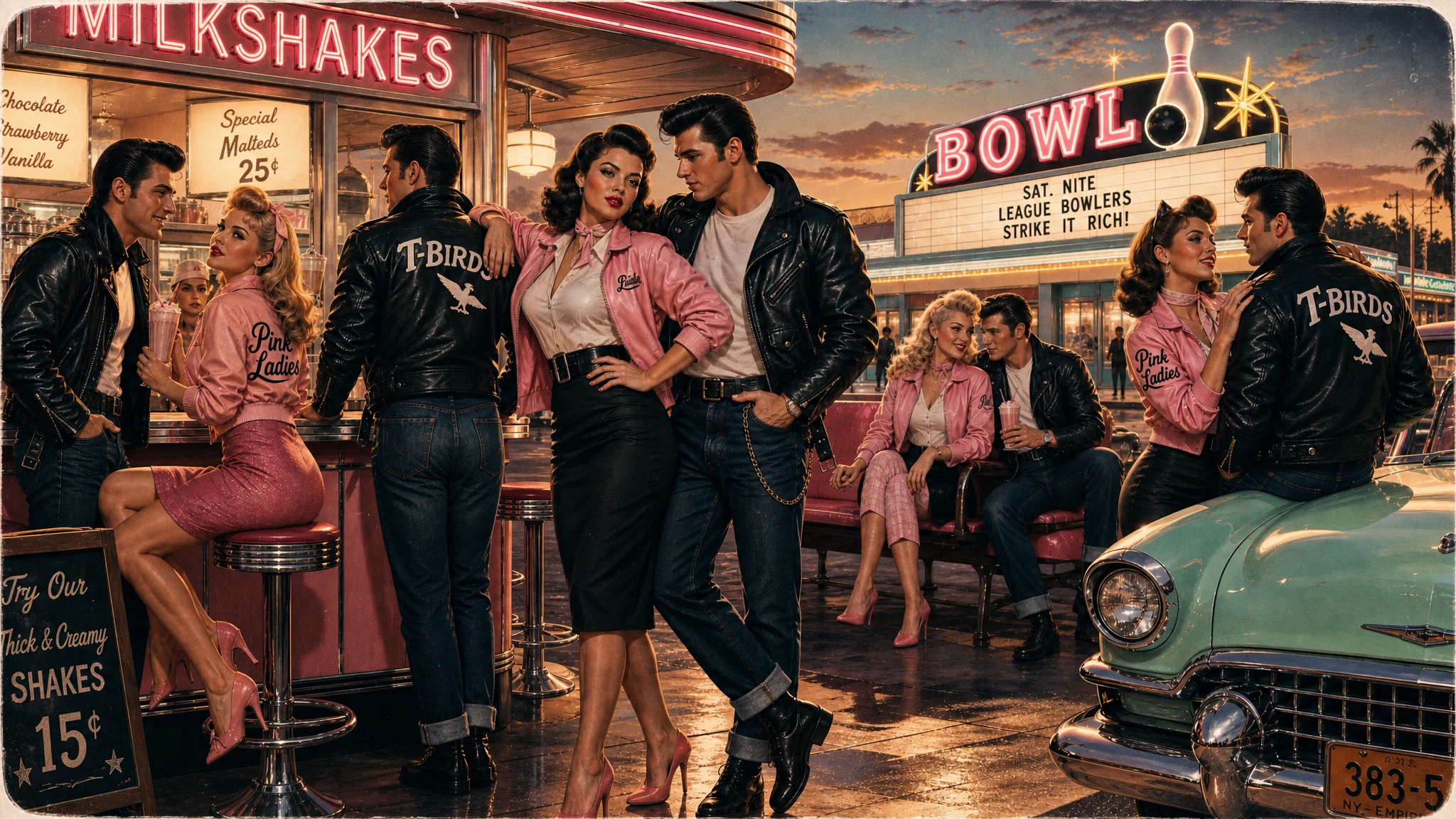 1950s pin up friends flirting on neon city street corner