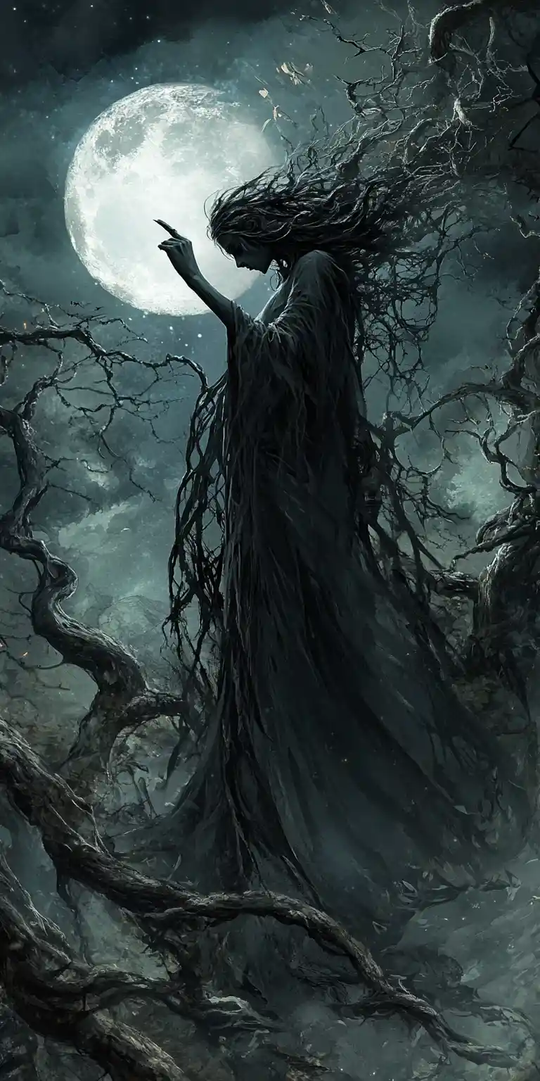 Figura femminile minacciosa che emerge da una foresta oscura e contorta