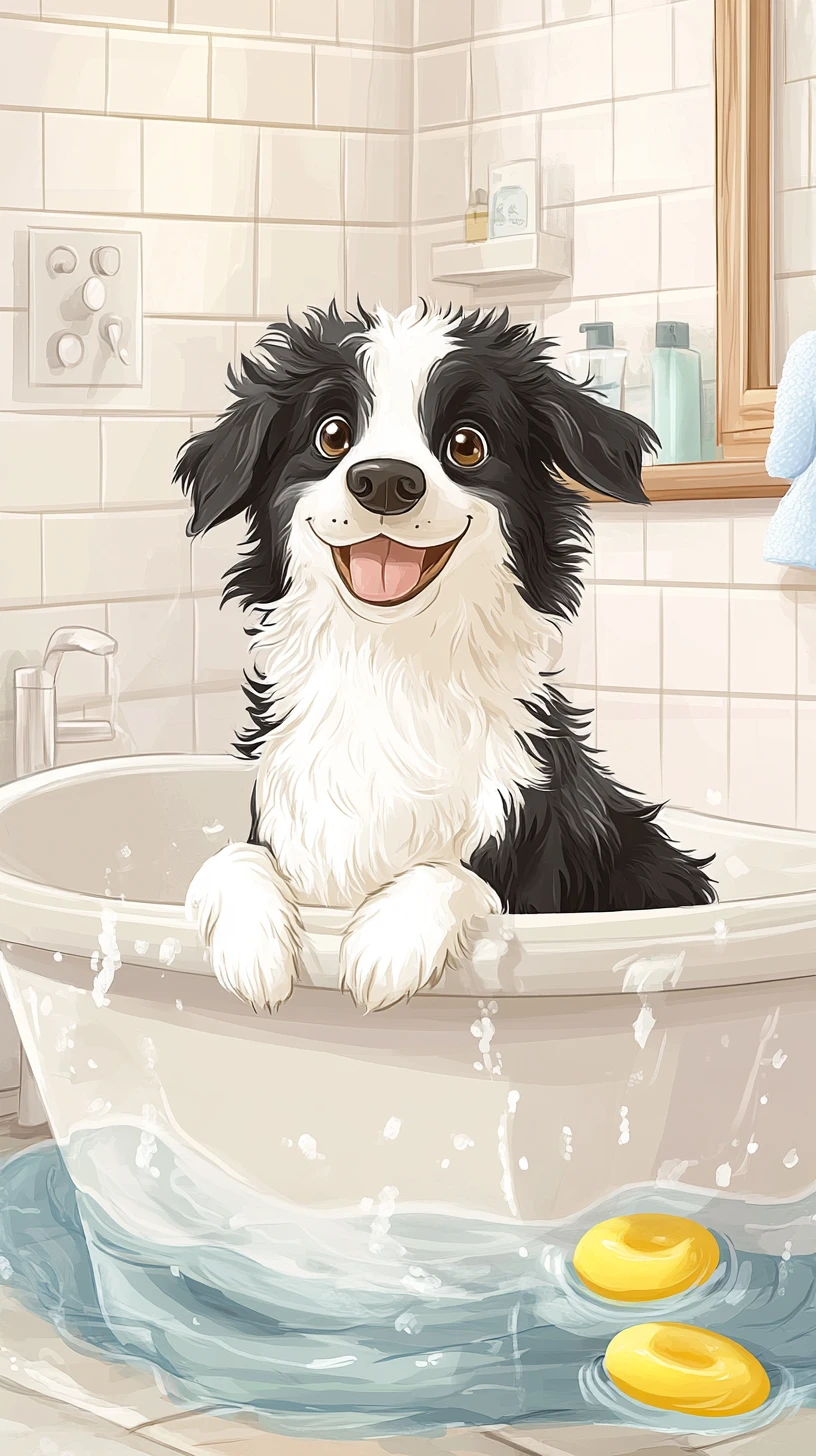 Adorable border collie en una escena de baño de dibujos animados llena de burbujas