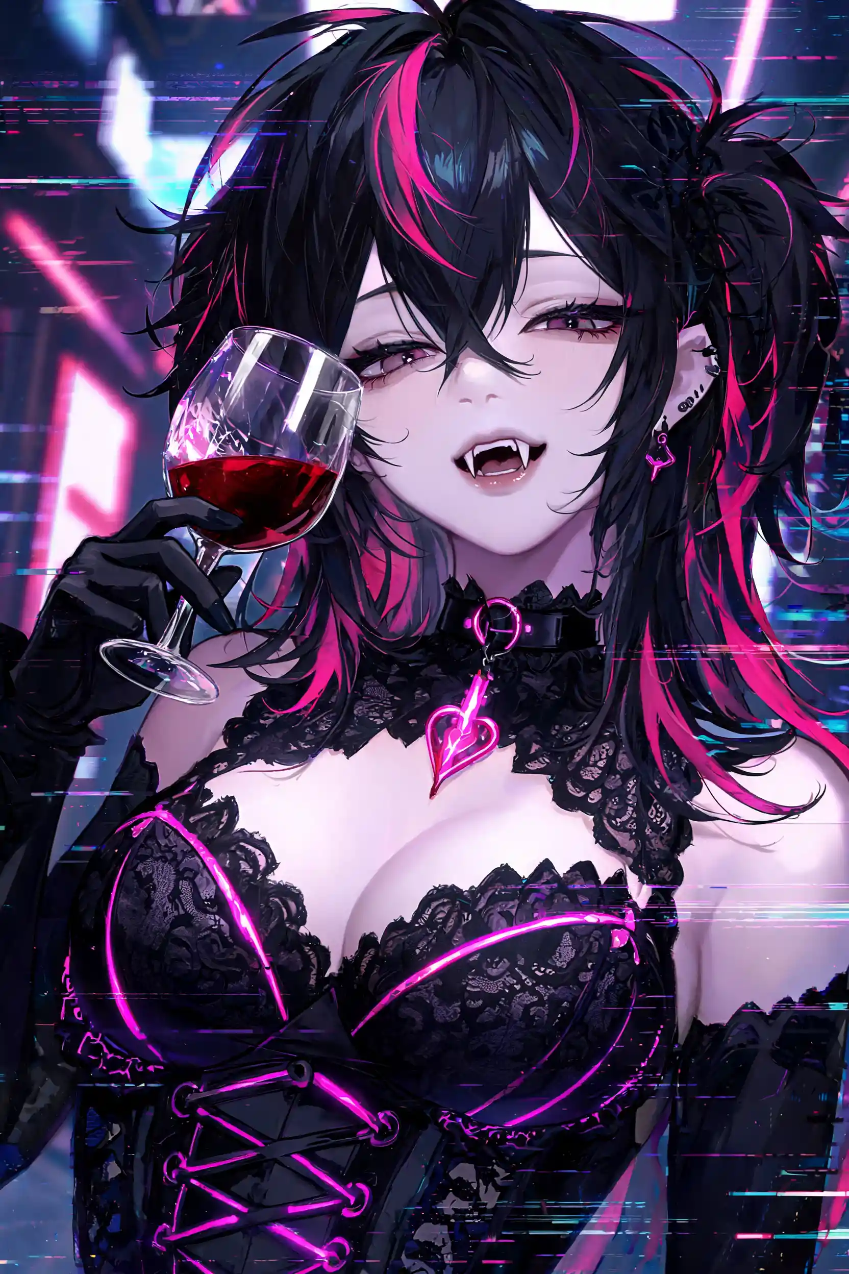 Neon punk vampire woman with gothic corset styling