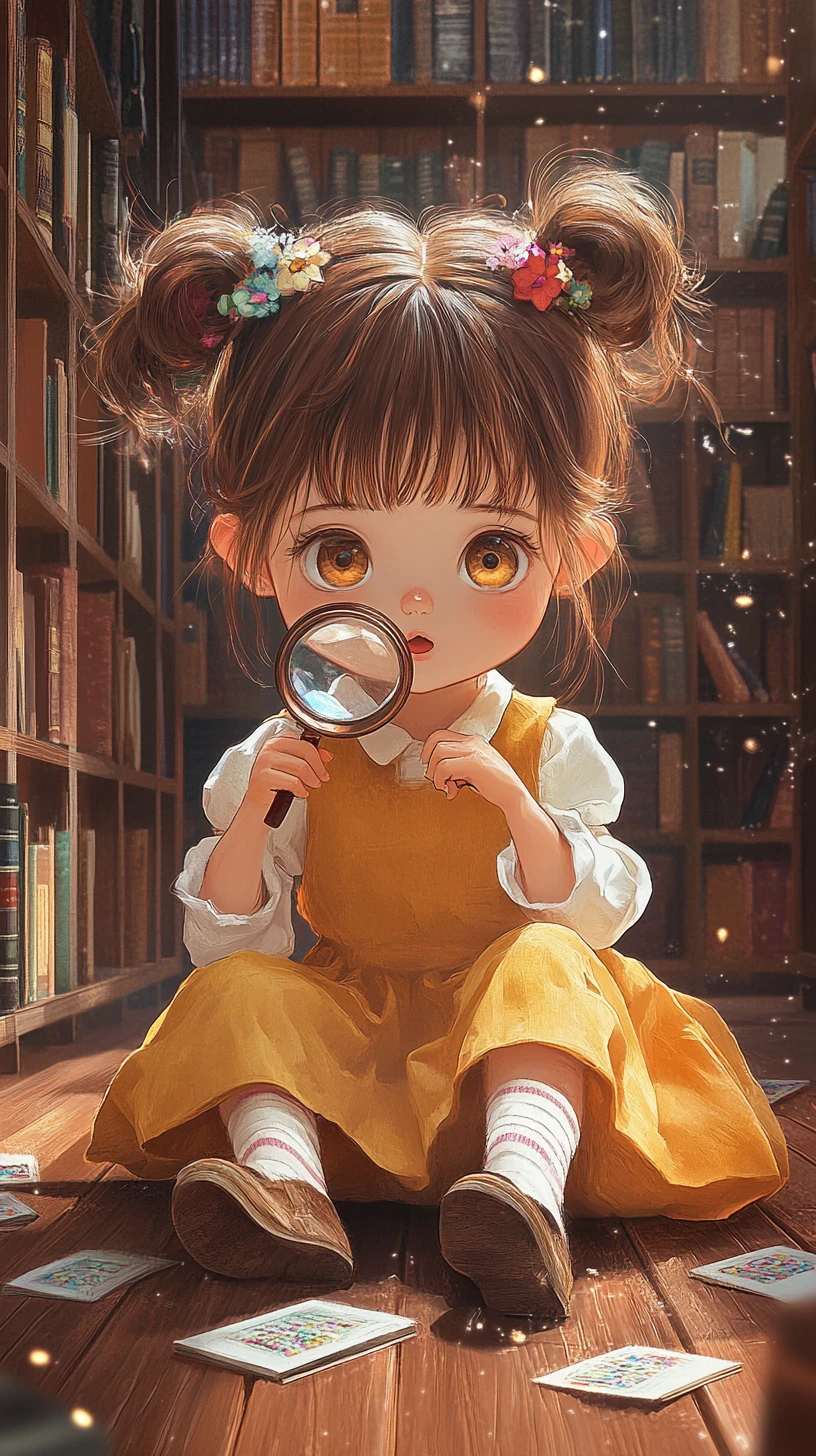 Chibi girl with magnifying glass in a cozy library aisle