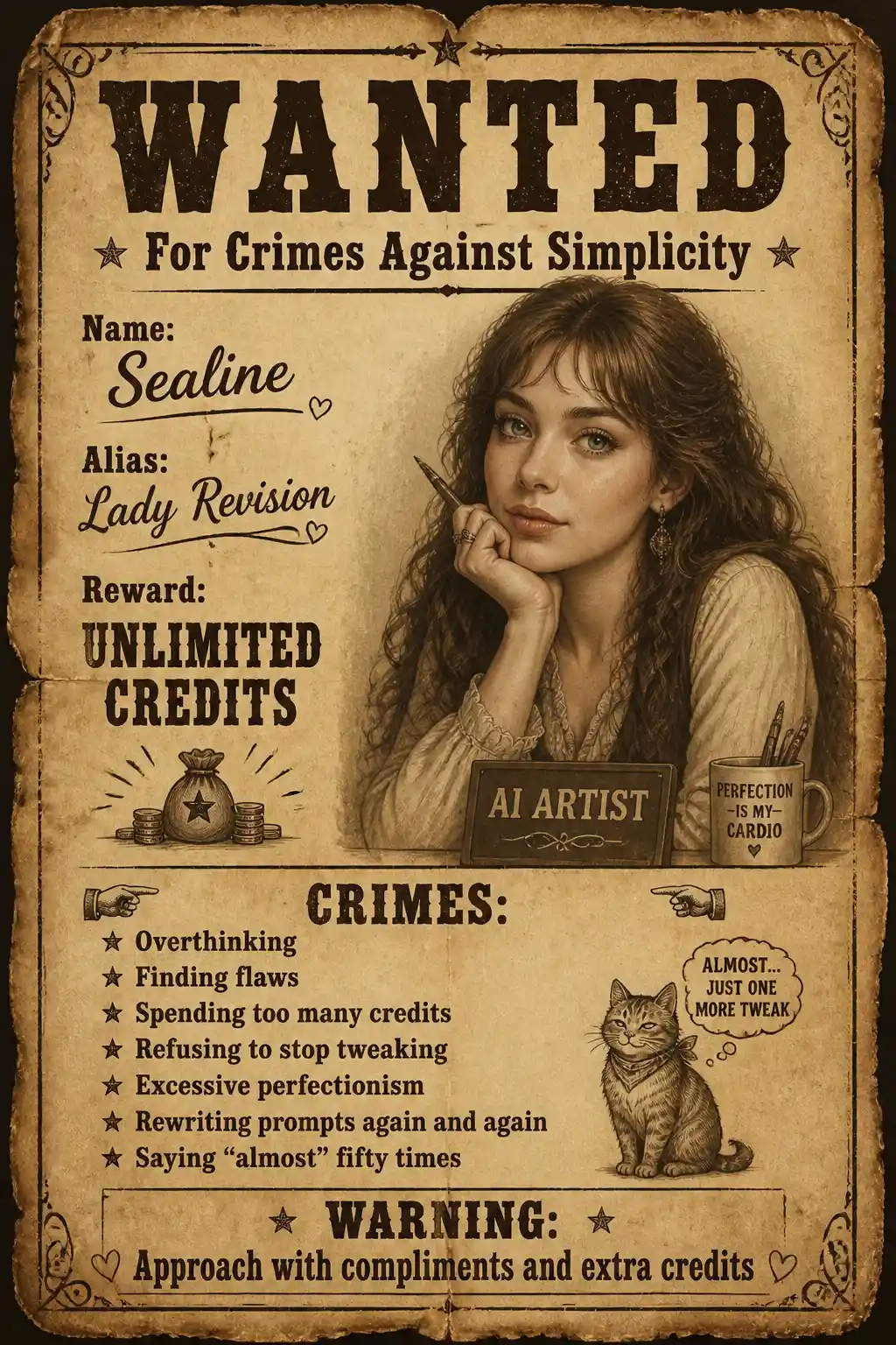 Funny vintage wanted poster of a thoughtful woman
