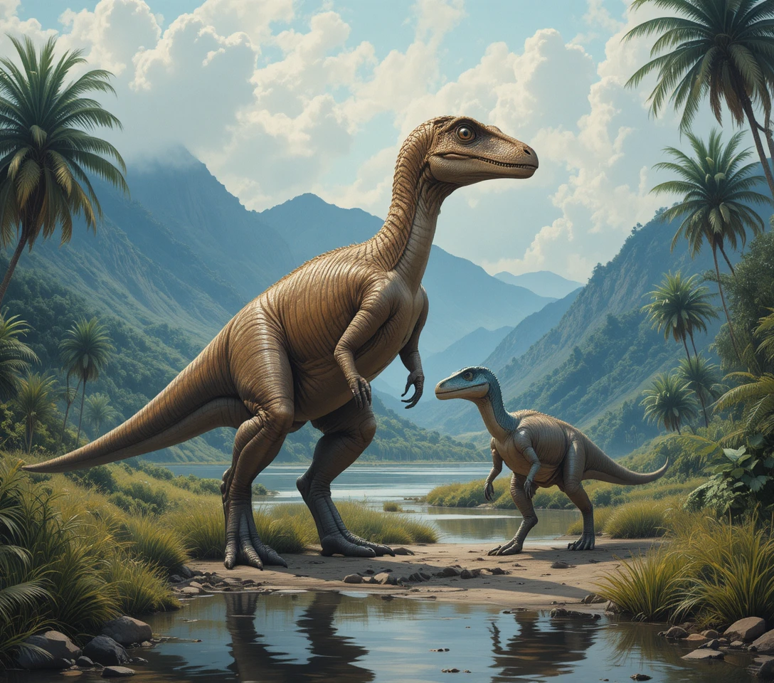 Dois velociraptors à beira de um pântano pré-histórico enevoado