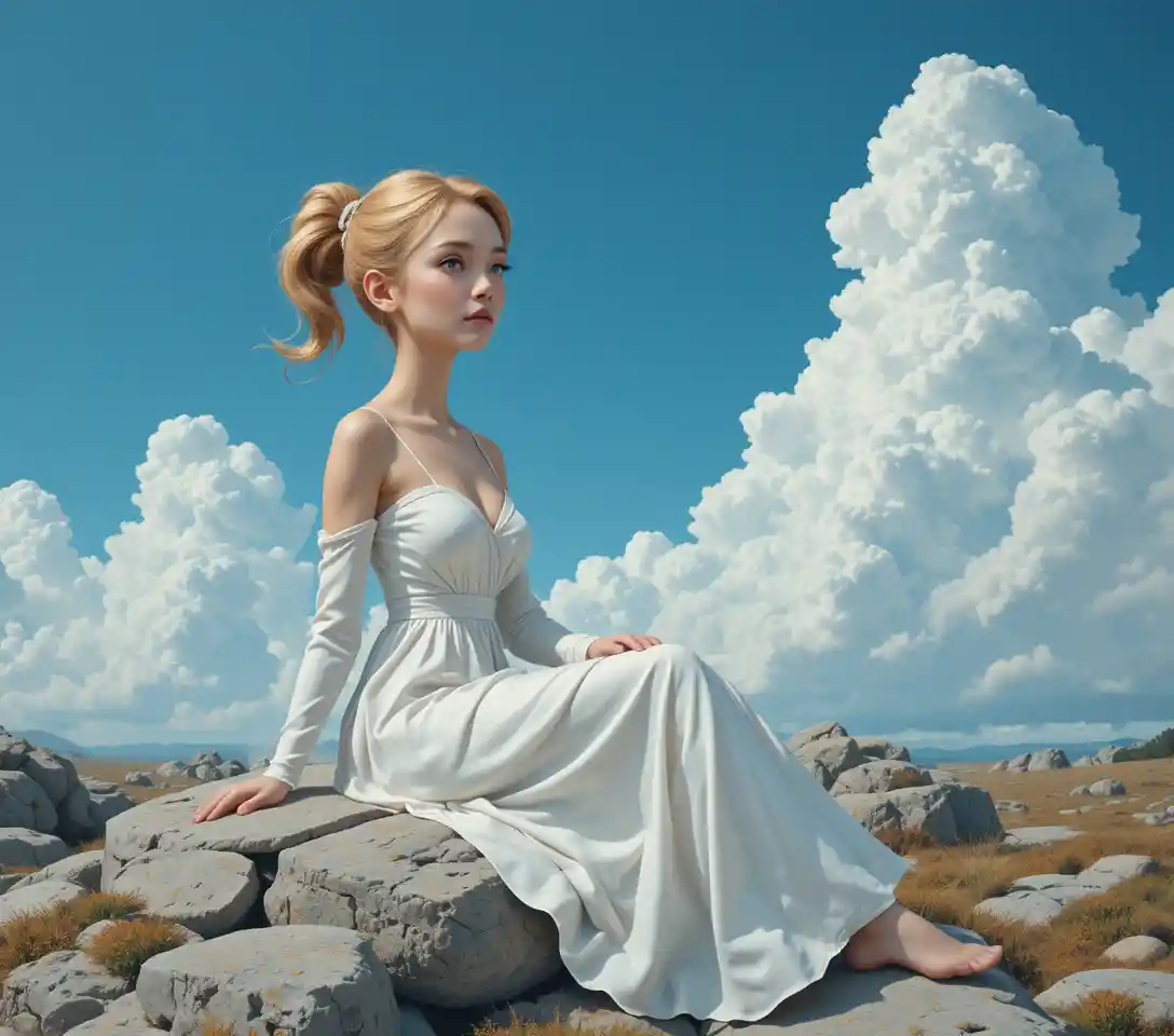 Young blonde woman in white dress sitting on rocky cliffs