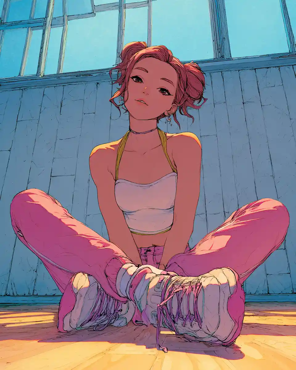 Süßes Anime-Mädchen in mädchenhafter Sommermode in Sitzpose