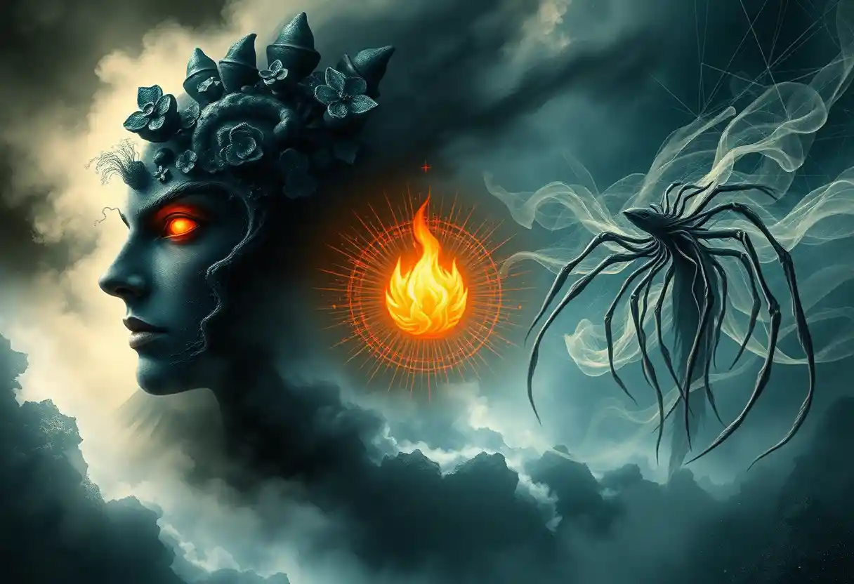 Trance like shamanic vision with glowing central flame