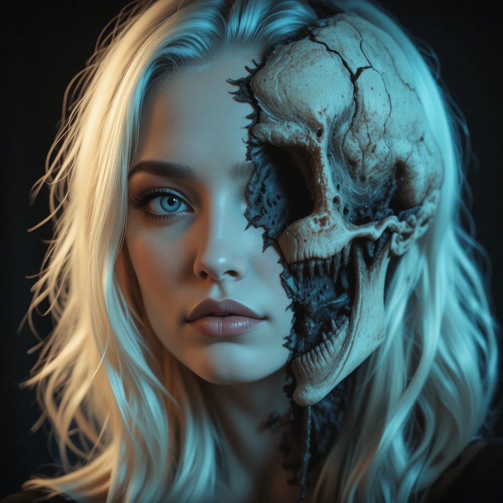 Surreal close up of a woman splitting into a demonic form