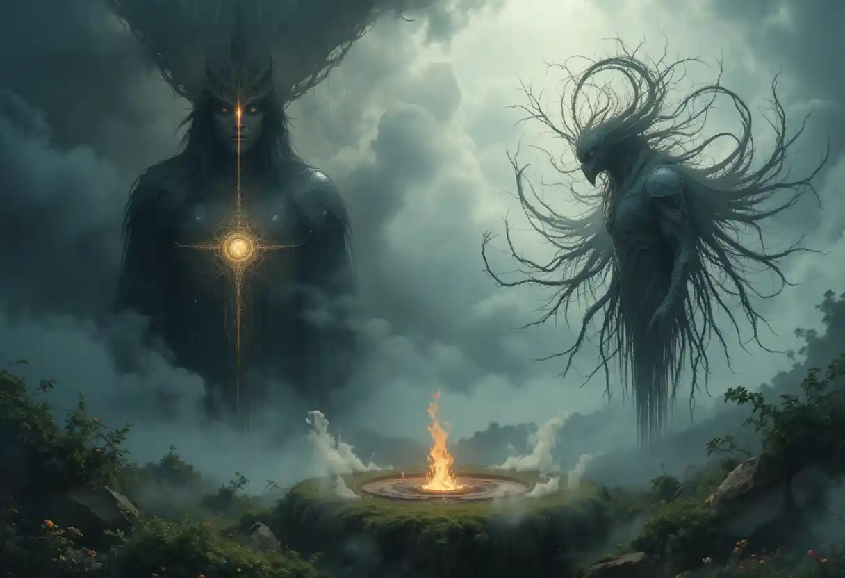 Trance like shamanic figure emerging in glowing surreal mist