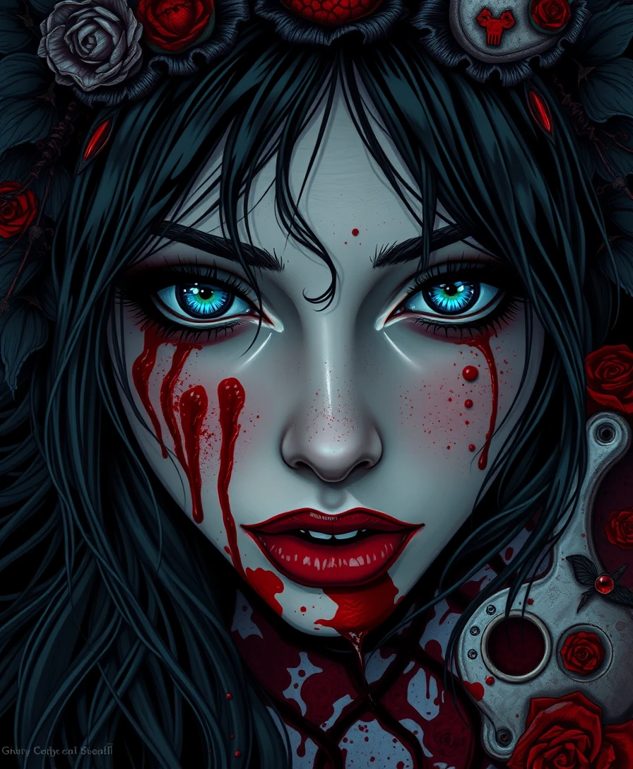 Bloody ethereal nymph falling in a surreal fantasy scene