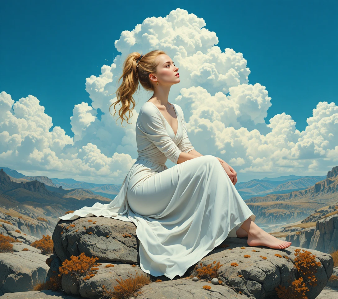Young woman in white dress sitting on rocky cliffs