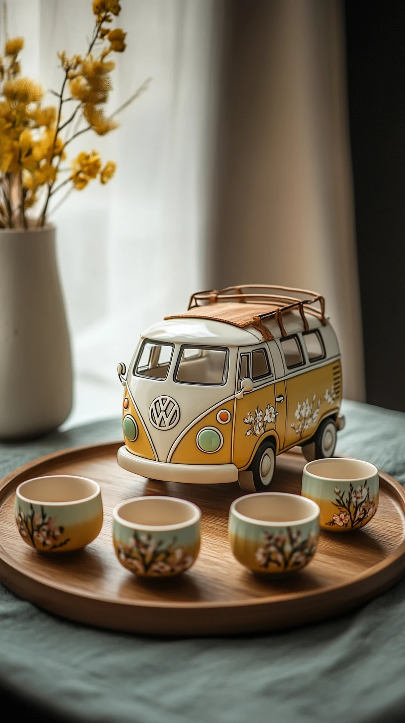 Ceramic vw bus teapot with matching cups on tray