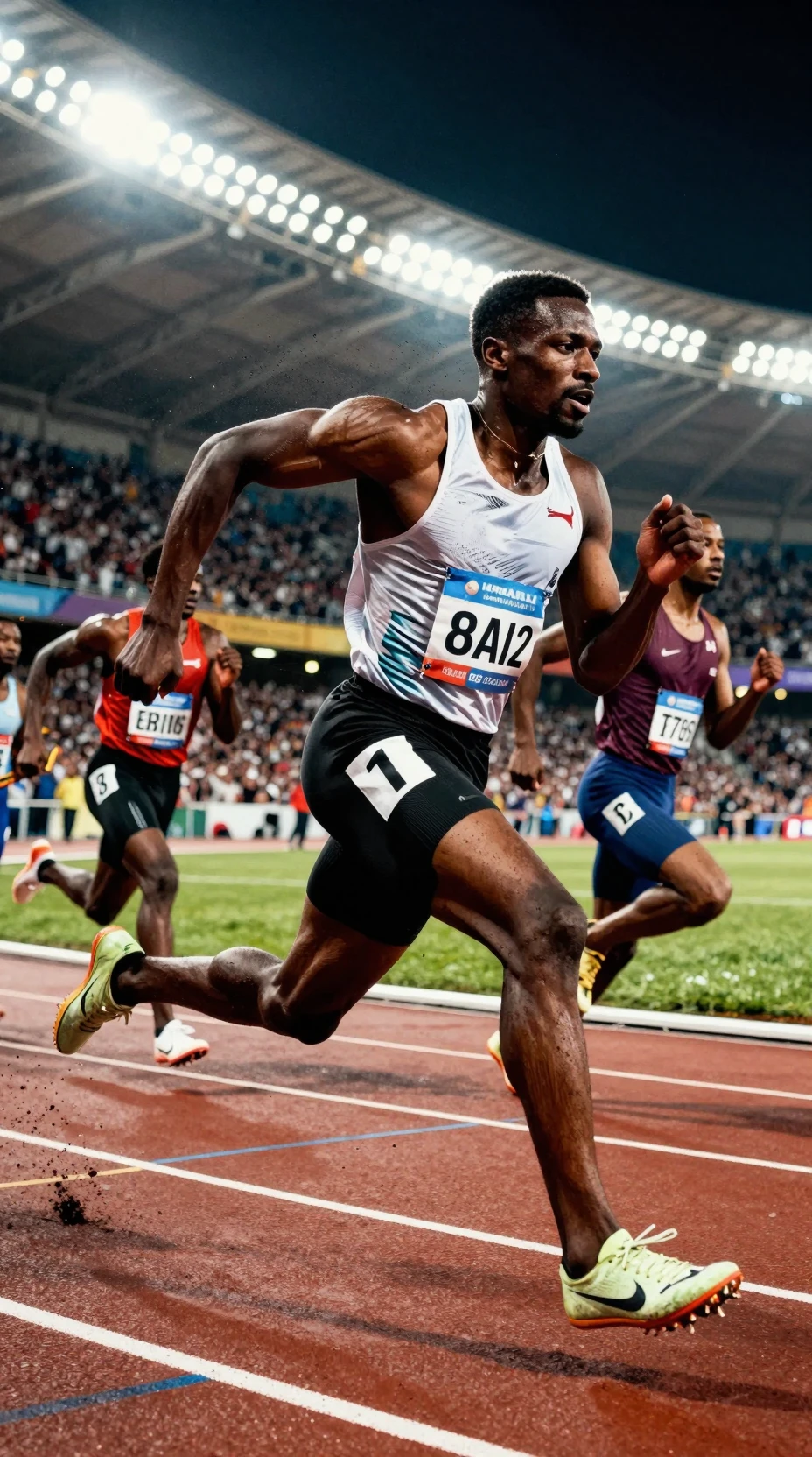 Black sprinter mid stride under dramatic stadium lights