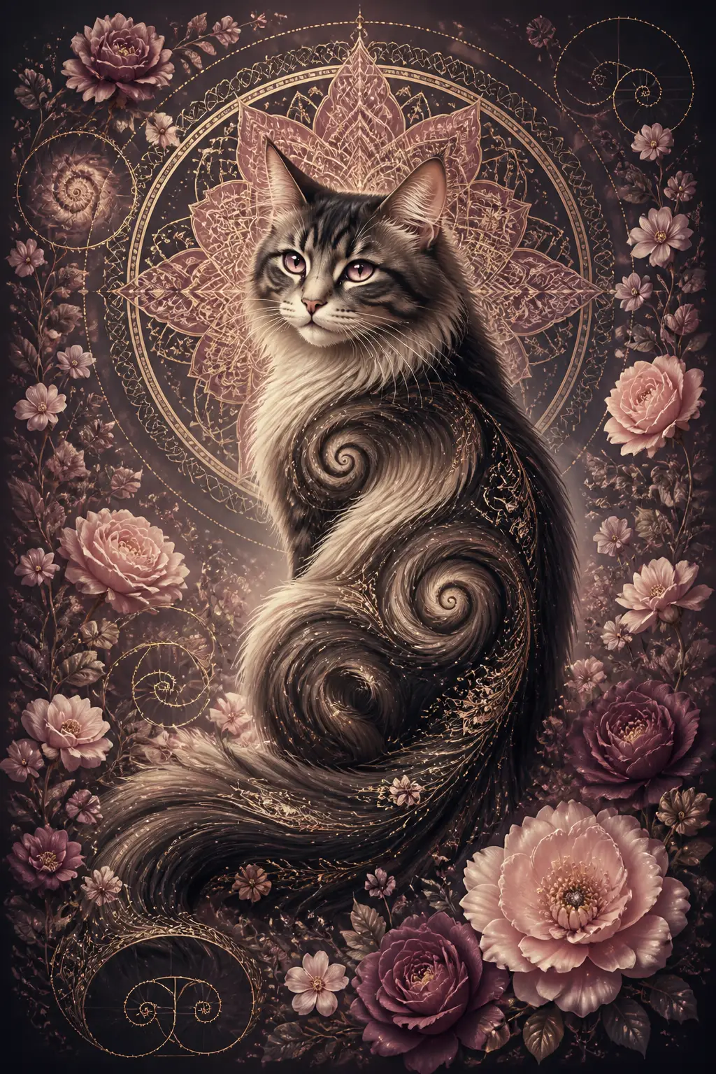 Anmutige Katze mit floraler Mandala- und Fibonacci-Musterung
