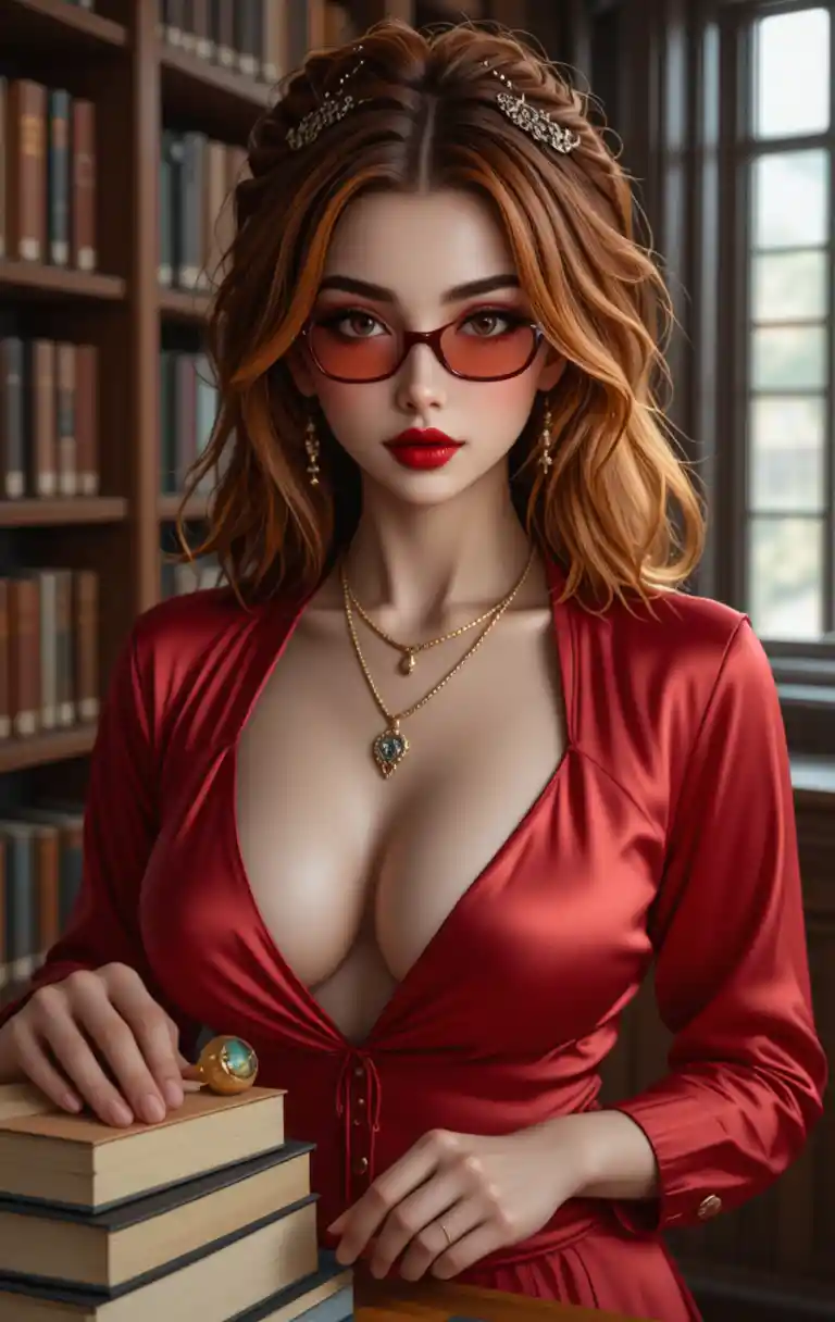 붐비는 도서관 데스크의 매혹적인 빨간 머리 사서