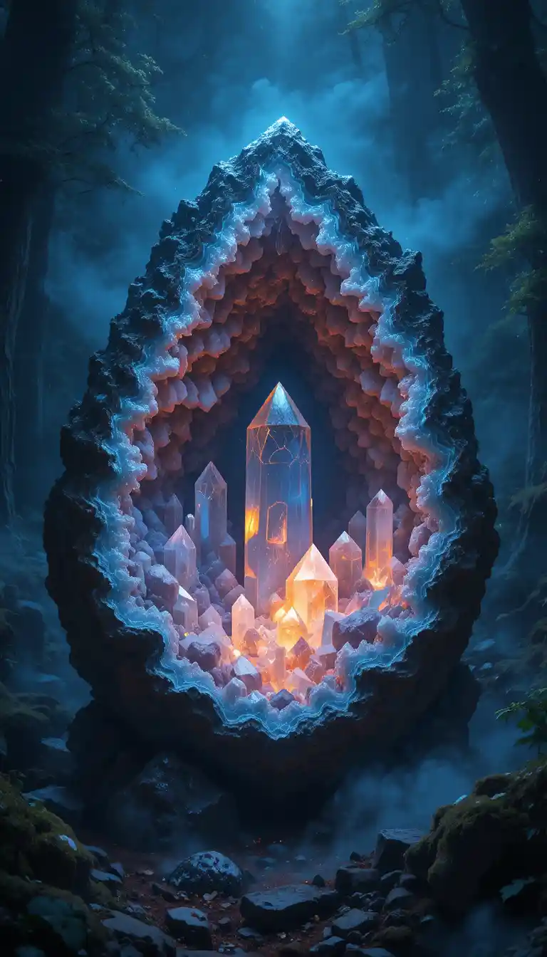 Glowing crystal geode deep within a mystical forest